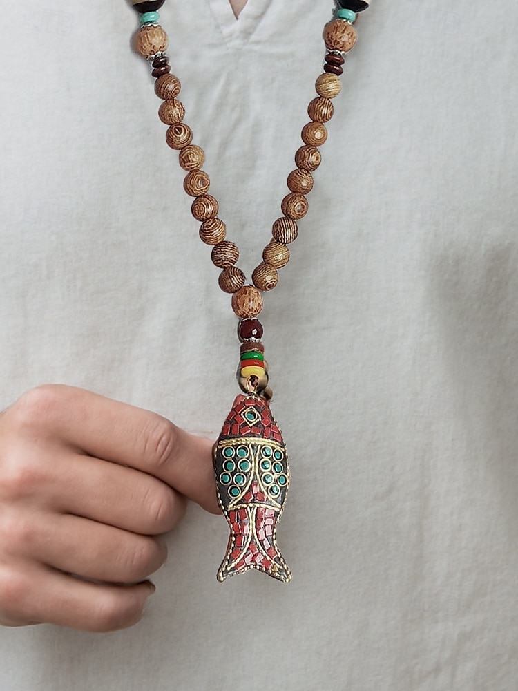 Collier pendentif en perles tribales pour homme – perles ethniques en bois faites à la main avec des accents turquoise, style bohème pour une tenue décontractée, de yoga, de méditation ou de festival de 2025 ? $11.99 –P2