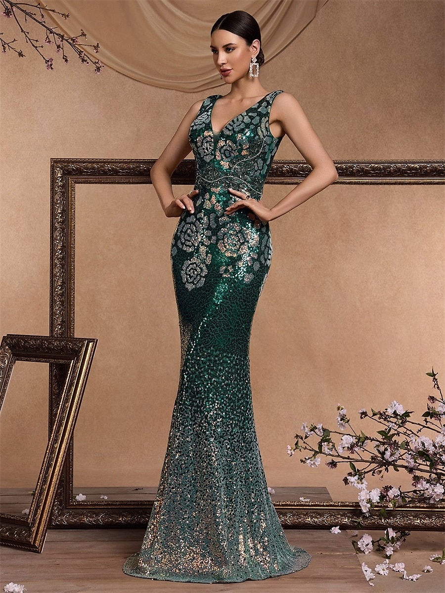 Zeemeermin  Trompet Quinceanera Jurken Elegante Jurk Formele Bruiloft Vloerlange Mouwloos V-hals Sequined Rugloos met Sequins 2025 - $119.99 –P3