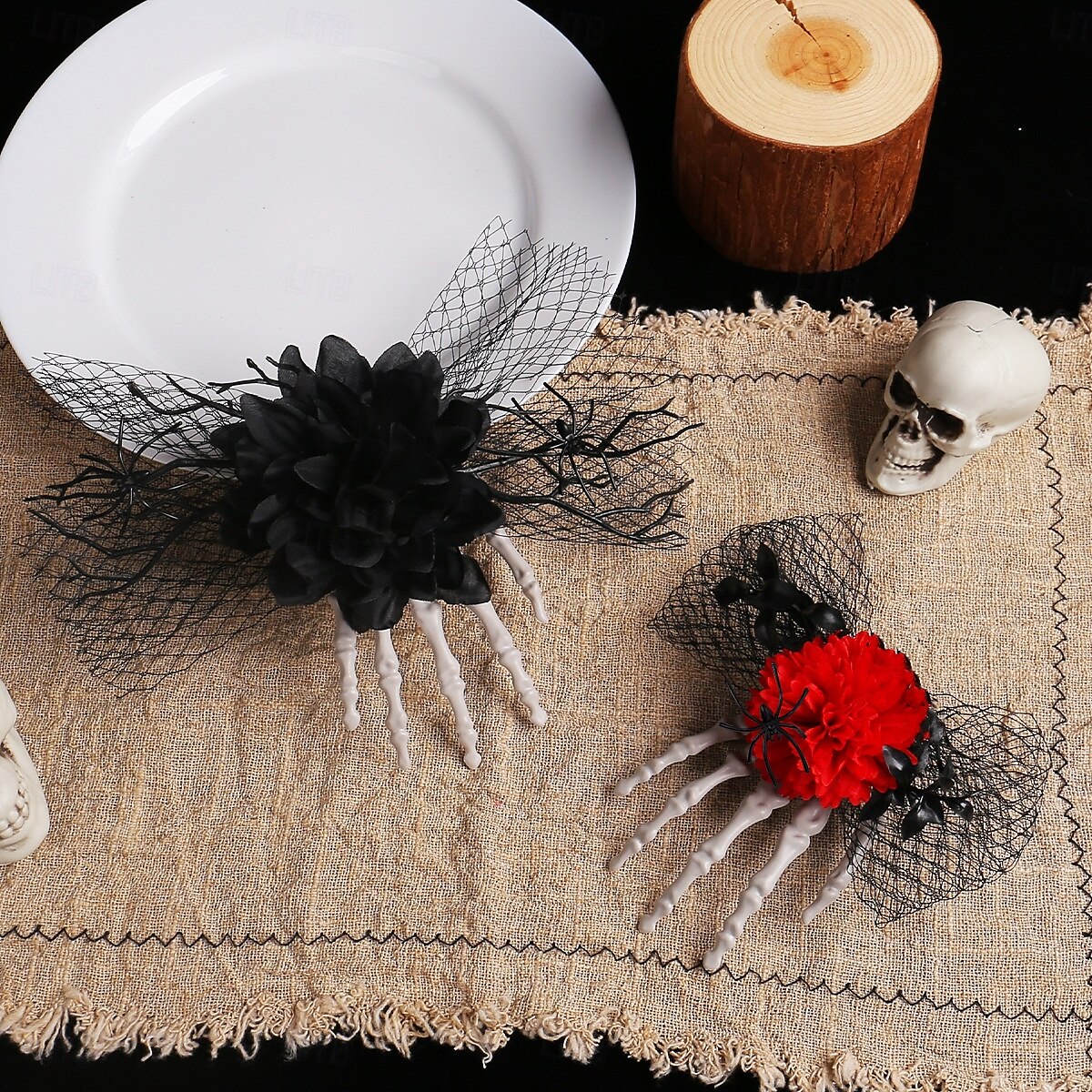 Fermaglio per capelli a forma di teschio di Halloween con osso e rosa, fermaglio laterale in rete spettrale, accessorio per capelli unico per costumi da festa del 2025 a $6.99 –P5