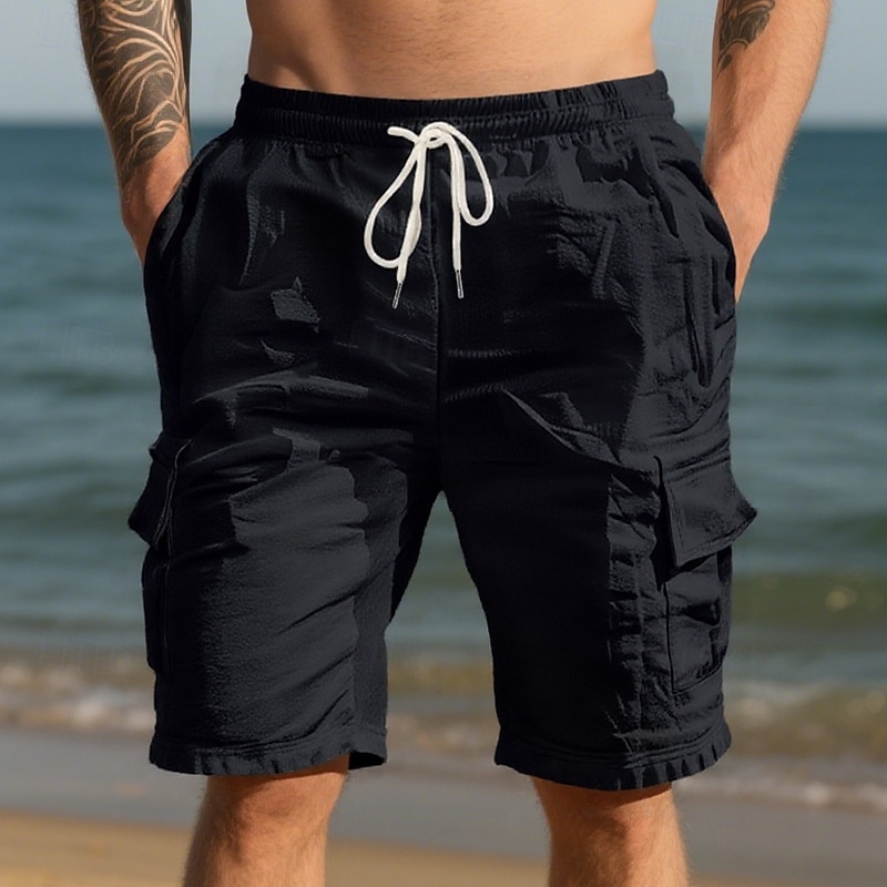 Homens Shorts de algodão e linho Bermuda Cargo Calção Shorts de verão Com Cordão Cintura elástica Bolso multi Tecido Conforto Vestível Comprimento do joelho Ao ar livre Esporte Diário Moda Casual de 2025 por $17.99 –P13