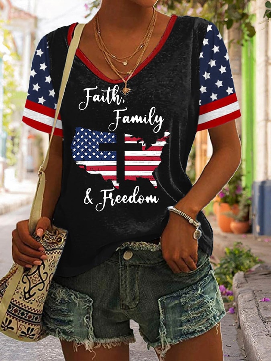 Women's Patriotic  T Shirt Graphic Flag Vintage Stylish Classic Short Sleeve V Neck Regular Tops Daily Print Black White Red Navy Blue Summer Spring 2025 - $19.99 –P2