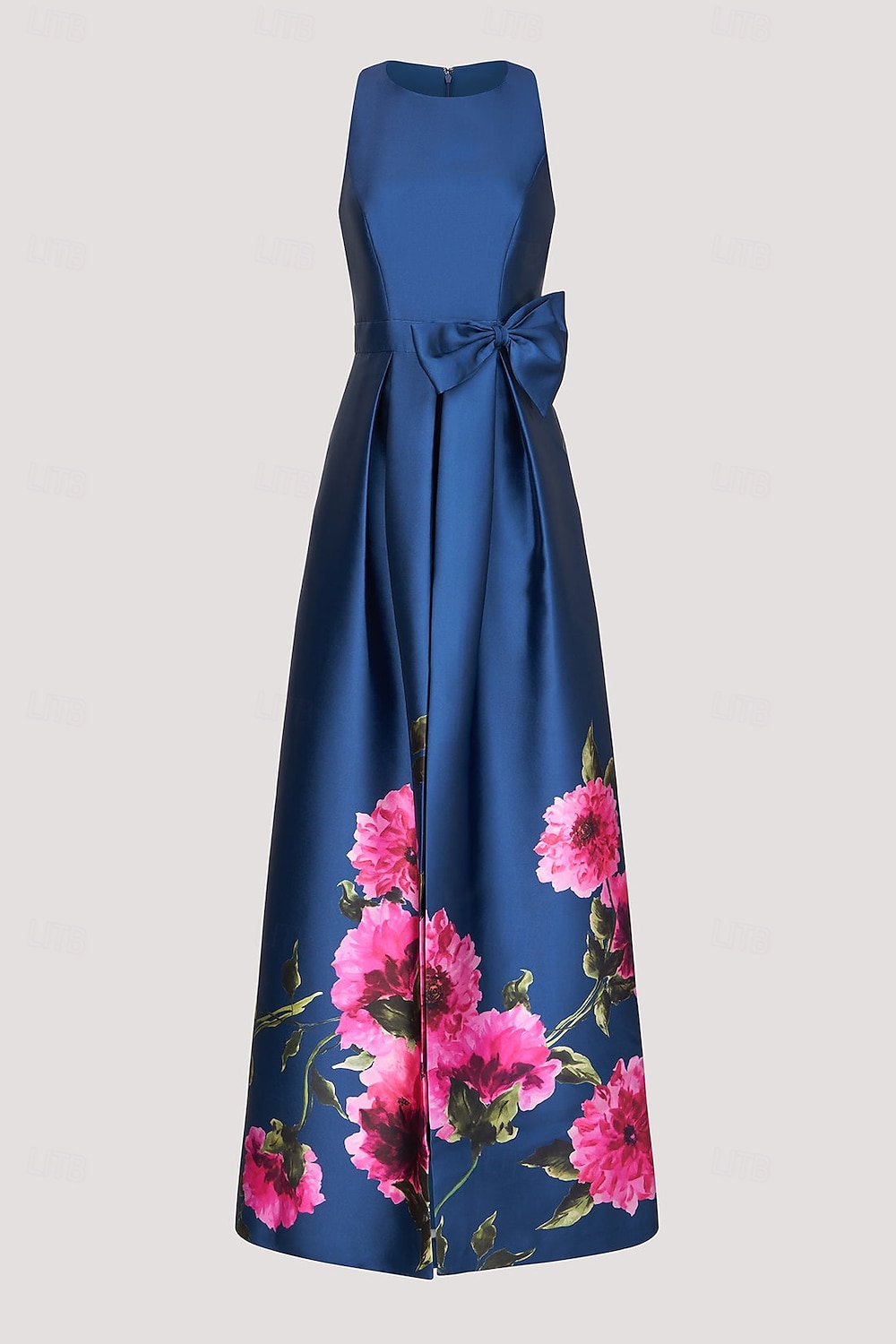 Blue A-Line Evening Gown Elegant Dress Formal Wedding Floor Length Sleeveless High Neck Pocket Satin with Floral Print 2025 - $149.99 –P4