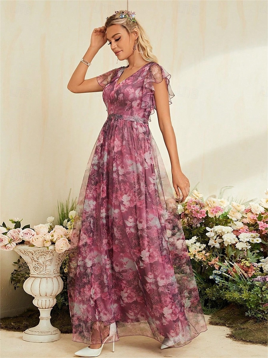 Abiti Quinceanera A-Line abito elegante formale lungo senza maniche scollatura a V in chiffon con stampa floreale del 2025 a $79.99 –P9