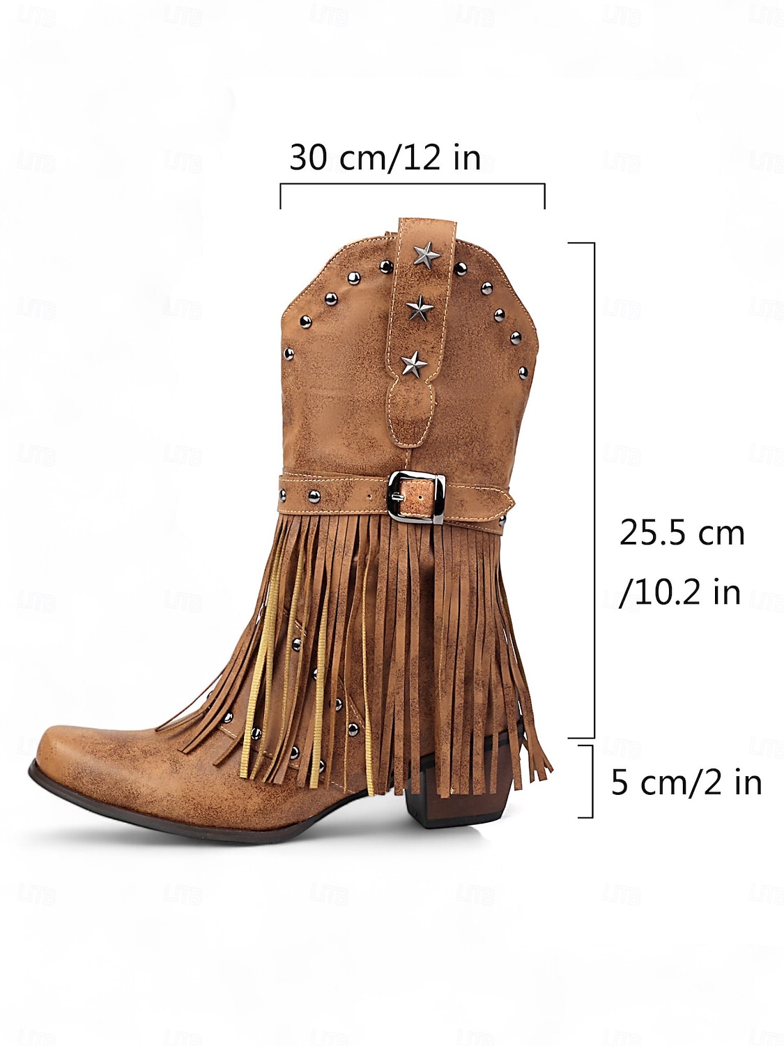 női western rojtos cowboy csizma - barna művelúr csillagszegecses, középvádárig érő csizma csattal rodeóhoz, country koncertekhez vagy őszi fesztiválokhoz 2025 - $64.99 –P6