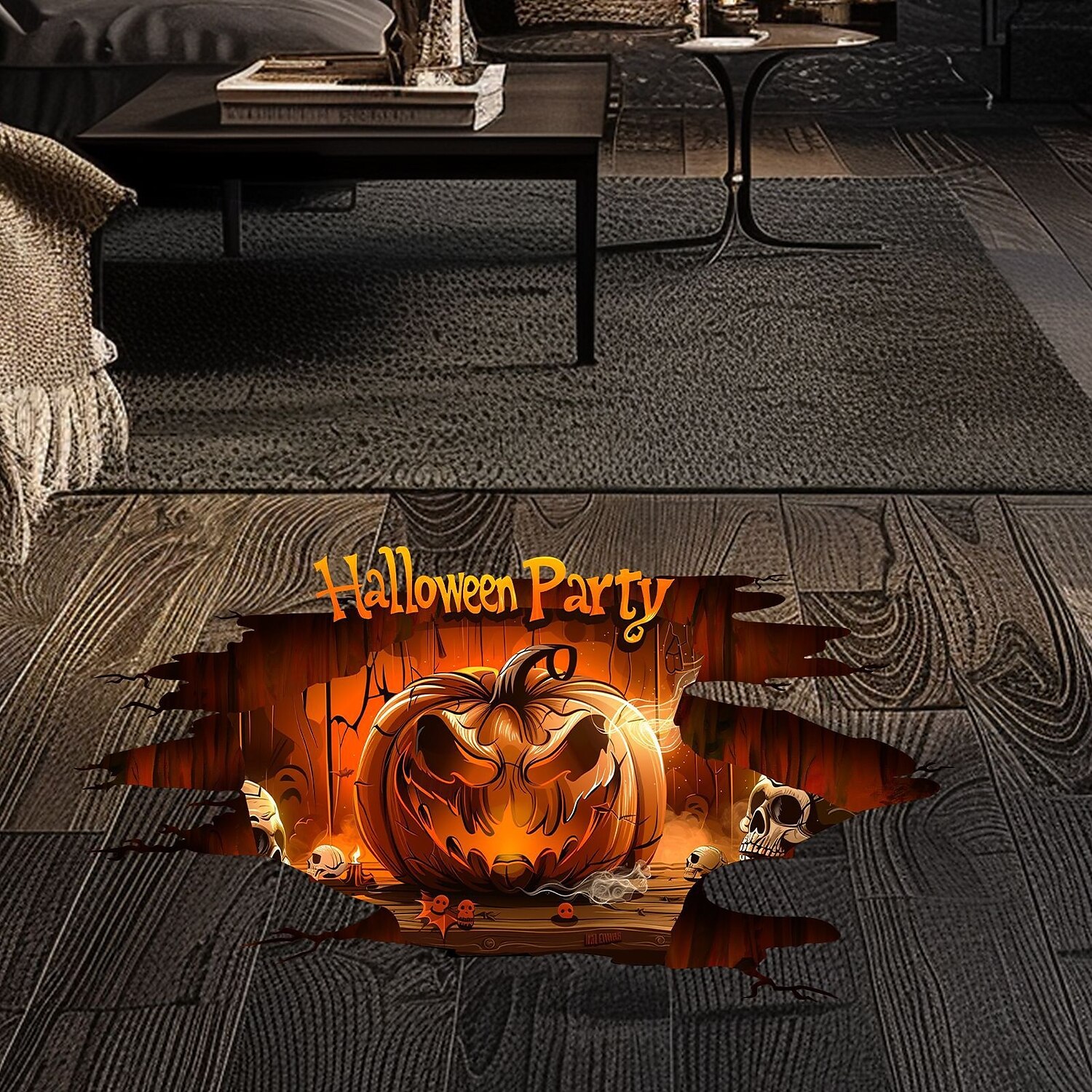 Halloweenská samolepka na podlahu a zeď s 3D strašidelným dýňovým průlomovým designem, samolepicí podlahová a nástěnná dekorace do obývacího pokoje a ložnice. 2025 - $6.49 –P1