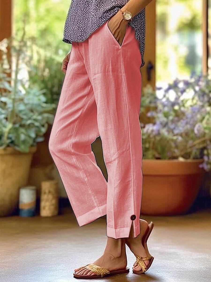 Femmes Pantalon en coton et lin Chinos ancien Mode Basique Longueur complète Taille haute Uni Avec Poches Confort Extérieur Non Elastique Vacances Rue Quotidien Vert foncé Bleu marine Blanche Rose de 2025 ? $22.99 –P2