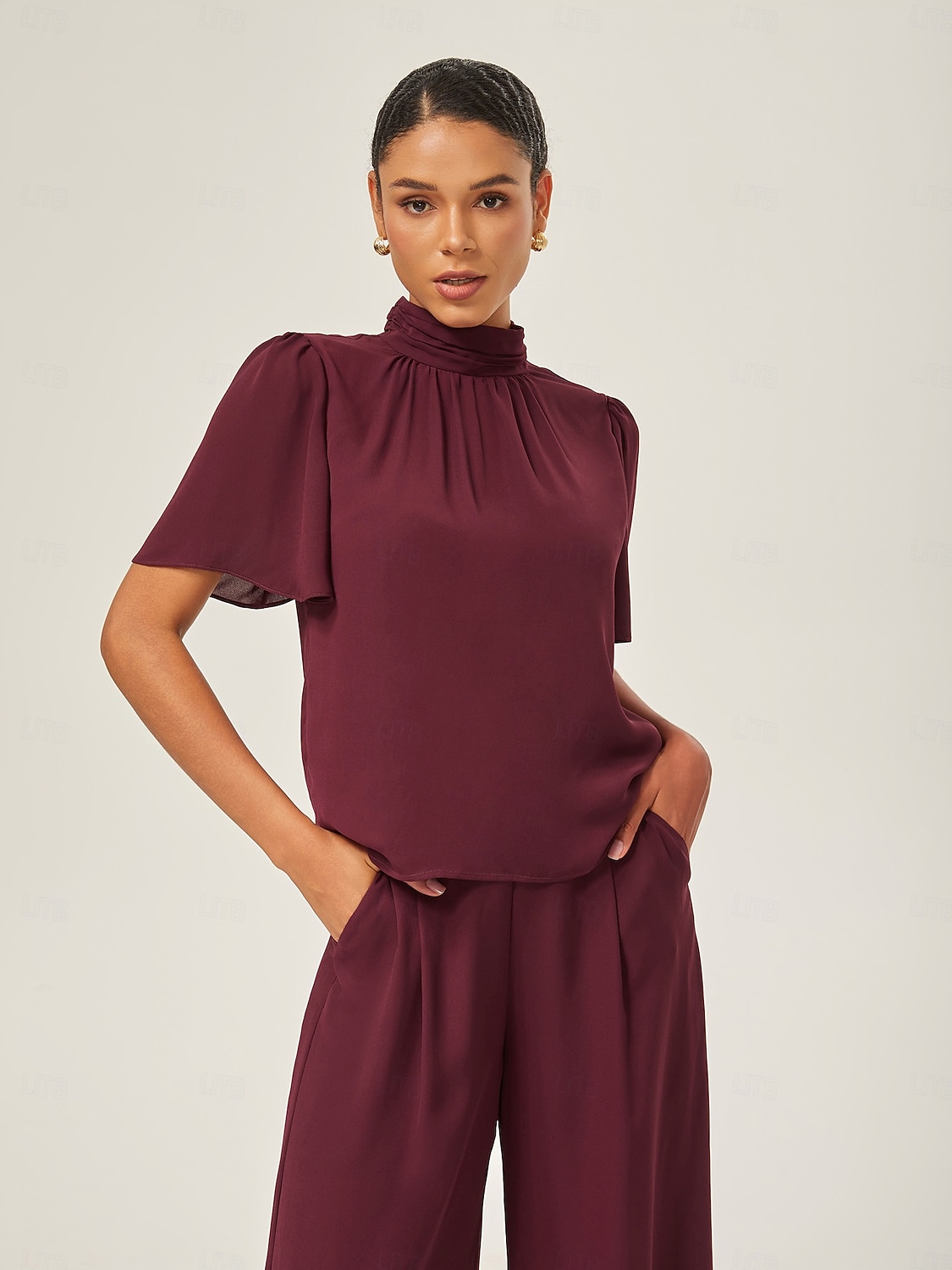 elegante completo in chiffon arricciato con collo alto del 2025 a $84.99 –P1
