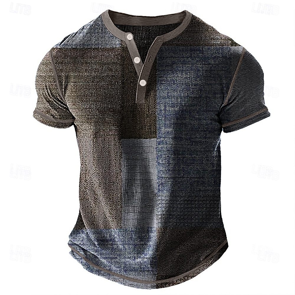Herre Geometrisk Lapper Henly-skjorte Vaffel T-skjorte Kortermet Daglig Retro / vintage Klassisk Sport & Utendørs Avslappet Ferie Vår sommer Blå Grønn Lilla Brun Grå Henley Henley T-skjorte 2025 - $22.99 –P2