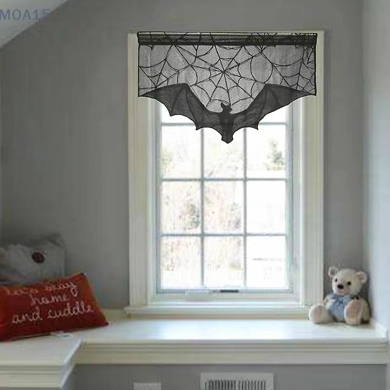 Cenefa de encaje de Halloween para cortina corta, adorno para ventana de cocina, color negro, decoración espeluznante, tela semitransparente para cortina, bolsillo para varilla de poliéster 2025 - $4.99 –P8