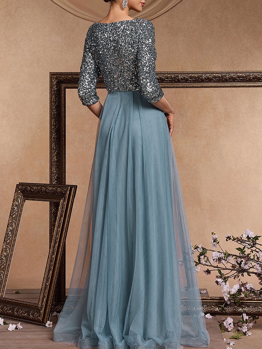 Vestido de Gala em A Vestido Elegante Formal Casamento Comprimento do Chão Manga 3/4 Decote em V Com Lantejoulas com Lantejoulas de 2025 por $119.99 –P8