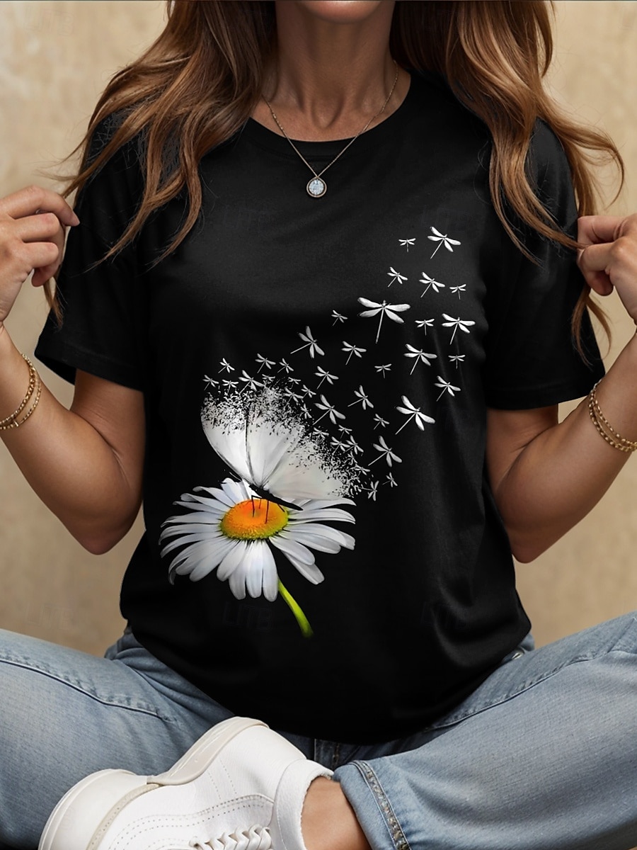 Femmes T-shirt Fleuri Graphique Papillon Occasionnel Manche Courte Col ras du cou Col rond Hauts Réguliers Quotidien Sortir Week-end Imprimé Noir Été de 2025 ? $19.99 –P4