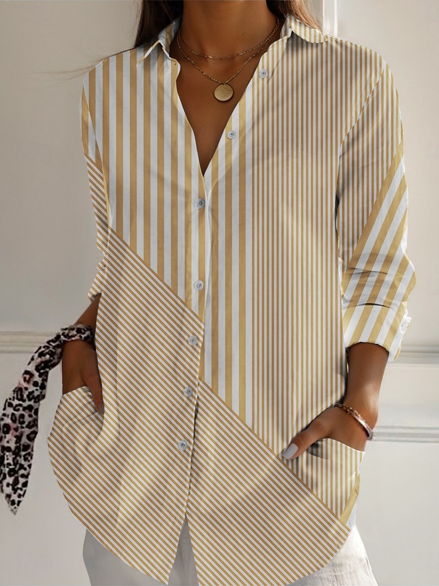 Per donna Camicia A righe Attivo Quotidiano Elegante Manica Lunga Colletto a Camicia Top Regolari Quotidiano Ferie Bottoni Stampato Blu Viola Verde Cachi Grigio Primavera Autunno del 2025 a $25.99 –P2