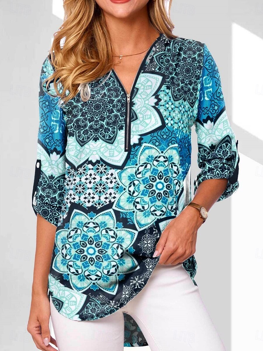 Dame Bluse Blomstret Grafisk Geometrisk Stilfull Fritid Langermet V-hals Vanlige topper Daglig Glidelås Trykt mønster Svart Hvit Rosa Marineblå Blå Sommer Vår Høst 2025 - $23.99 –P1