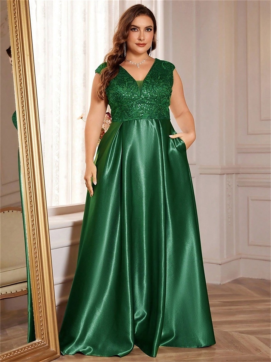 Robe A-Line Grande Taille Élégante Robe Courbe De Mariage Formelle Longue Au Sol Manches Courtes Col en V Satin Dos Nu Avec Plis 2025 de 2025 ? $119.99 –P32