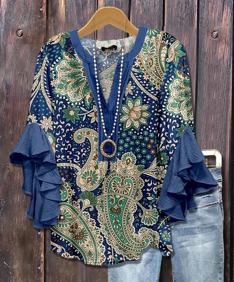 Pentru femei Bluză Floral Grafic Elegant Boemia Έθνικ Lungime Manșon 3/4 În V Topuri obișnuite Zilnic Concediu Îmbrăcăminte de vacanță Bufantă Imprimeu Roz Îmbujorat Roșu-aprins Albastru piscin 2025 - $29.99 –P5