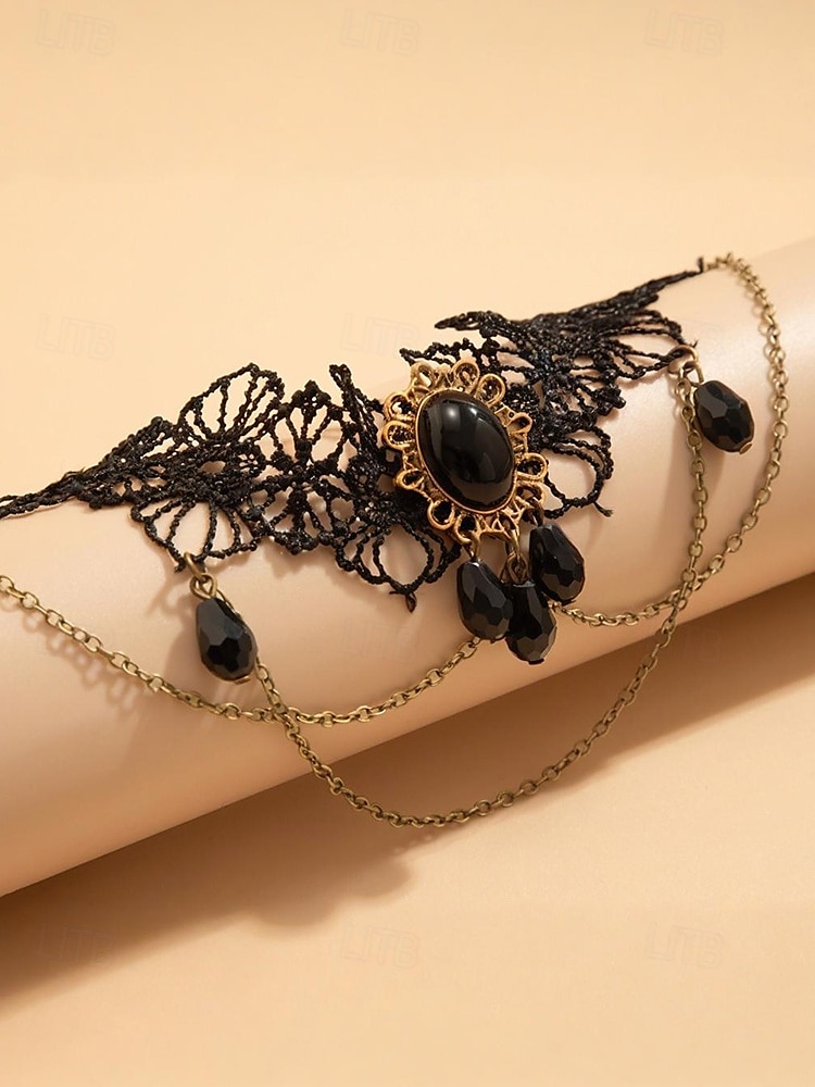 Armbånd i gotisk blonde til dame med anheng og kjeder i svart edelsten, armbånd i vintage steampunk-stil til Halloween-kostymefest eller cosplay-tilbehør 2025 - $9.99 –P5