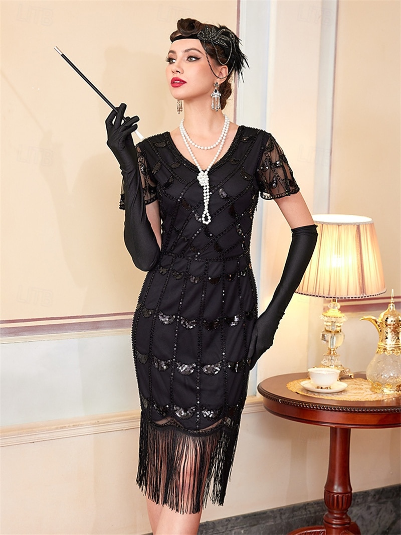 Retro Řvoucí 20s 20. léta 20. století Bubenové šaty Šaty Úbory Velký Gatsby Svatební host Flitry Třásně Maškarní kostým Dámské Vánoce předvečer Všech svatých Karneval Párty a večer Svatební hostina 2025 - $51.99 –P15
