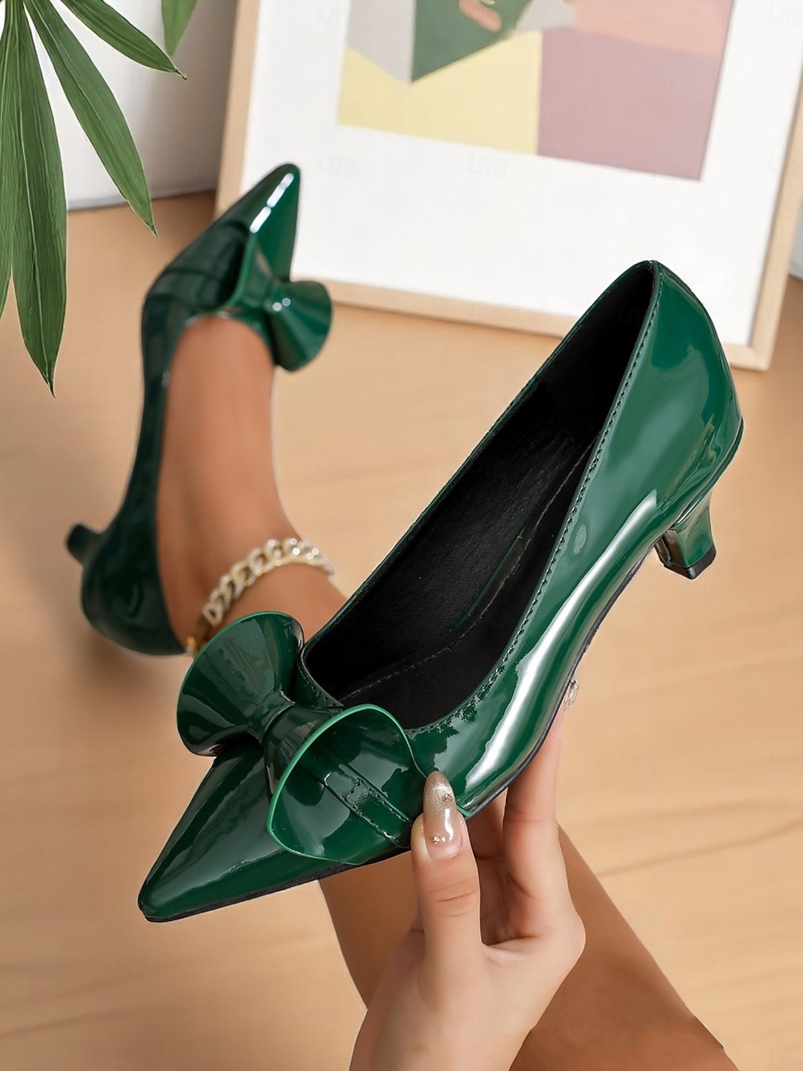 Tocuri cu vârf ascuțit și fundă verde închis pentru femei – tocuri medii din piele lăcuită, stil vintage pentru serviciu, petreceri și ocazii elegante 2025 - $32.99 –P3
