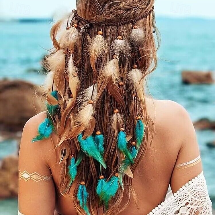 Cerchietto con piume boho, copricapo hippie, copricapo zingaro, costume indiano, accessori per capelli bohémien per donne e ragazze, blu e rosso. del 2025 a $10.99 –P1