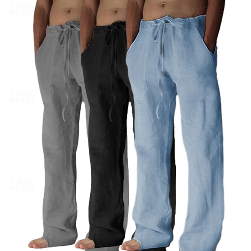 Homens Calças de linho Calças Calça verão Calças largas Calças de praia Bolsos Com Cordão Tecido Conforto Respirável Comprimento total Ioga Casual Diário Férias Estilo Clássico Khaki + Branco + Cinza de 2025 por $39.99 –P6