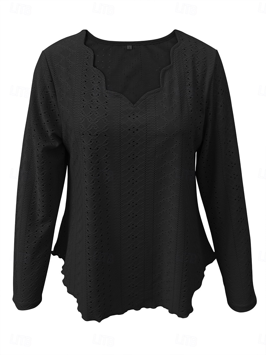 Women's Blouse Solid Color Basic Casual Long Sleeve V Neck Regular Tops Daily Eyelet Black White Pink Khaki Summer 2025 - $17.99 –P2
