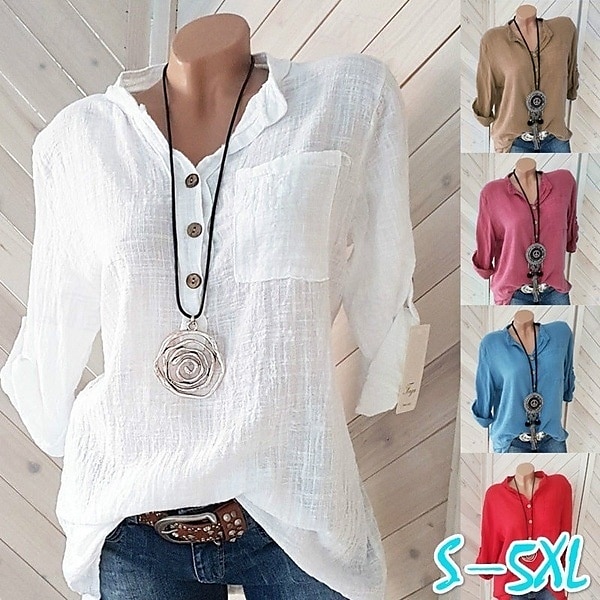 Women's Cotton Linen Shirts Solid Color Elegant Daily Basic Long Sleeve Crew Neck Long Tops Daily Holiday Going out Buttons White Pink Red Blue khaki Summer Fall 2025 - $17.99 –P5