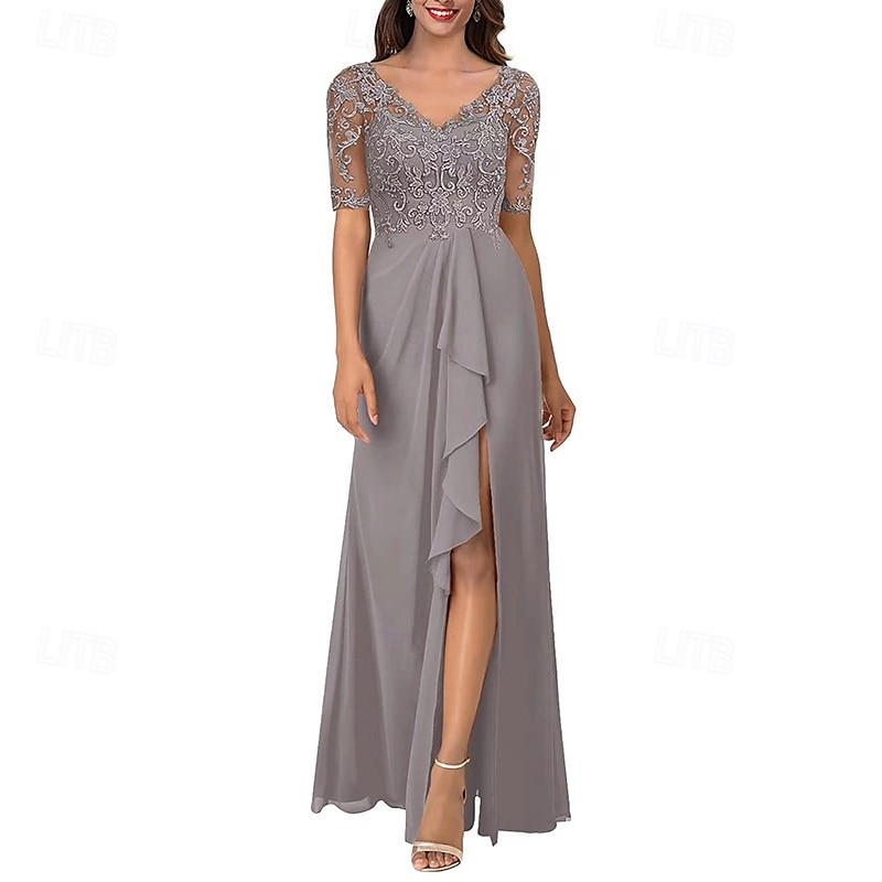 A-Line Mother of the Bride Dress Elegant Simple V Neck Asymmetrical Chiffon Short Sleeve with Pleats 2025 2025 - $119.99 –P1