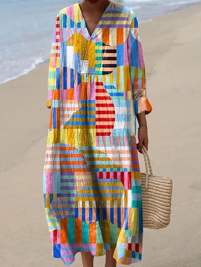 Dame Midikjole Solkjole Kjole med A-linje Ferie Fritid Bohem Ut på byen Strand Løstsittende Grafisk Geometrisk Stripe Langermet V-hals Aske Svart Gul Blå Sommer Vår 2025 - $35.99 –P4
