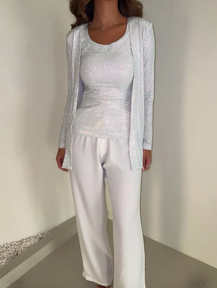 jumpsuit/byxdräkt 3-delad byxdräkt brudens mor byxdräkt med kavaj elegant vintage enkel rund halsringning golvlång pyjamas stretchig crepe jersey långärmad med kristaller pärlor 2025 2025 - $149.99 –P6