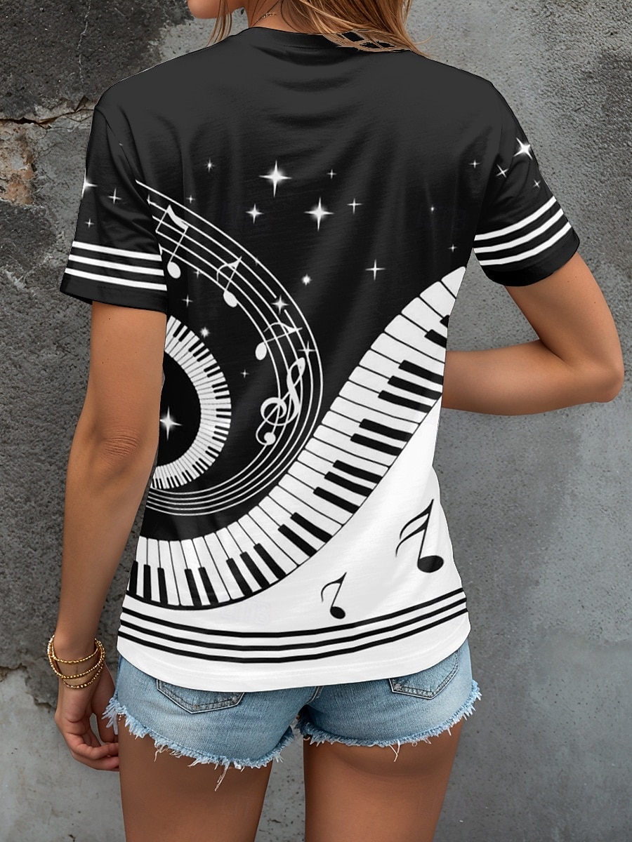 Festival de Música Mujer Camiseta Estampado Graphic Geométrico Vintage Elegante Clásico Manga Corta Cuello Barco Escote Redondo Tops regulares Diario Fin de semana Negro y blanco Blanco / Negro 2026 - $22.99 –P2