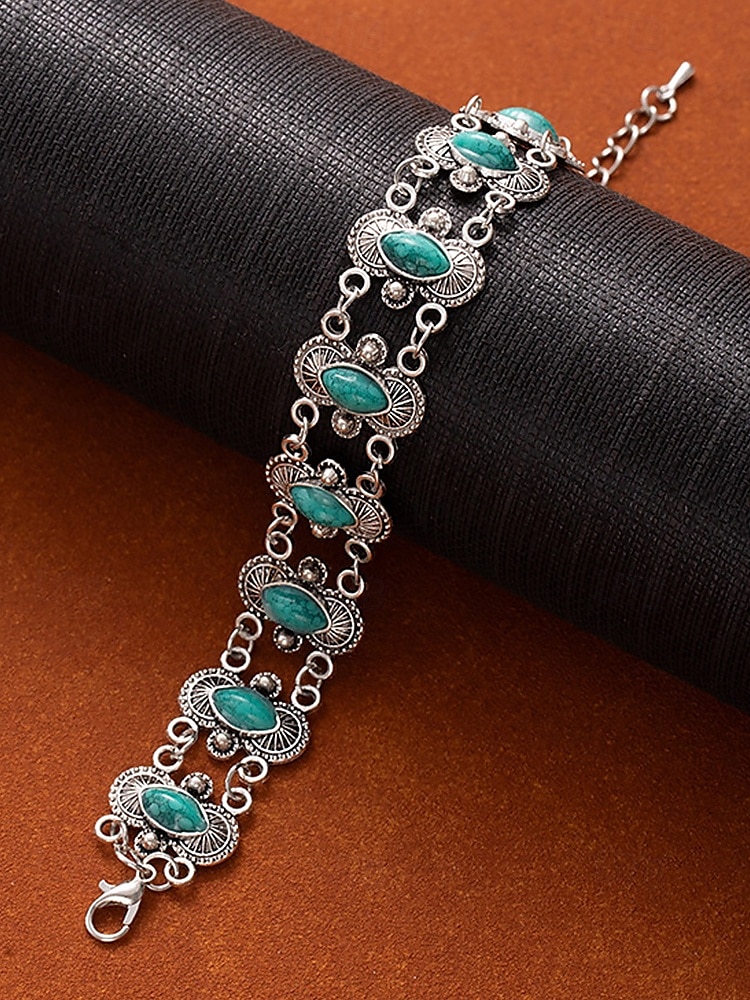 Vintage boho turquoise stenen armband voor dames – antiek verzilverd kettingschakelontwerp voor casual wear, feestjes en cadeaus 2025 - $7.99 –P7