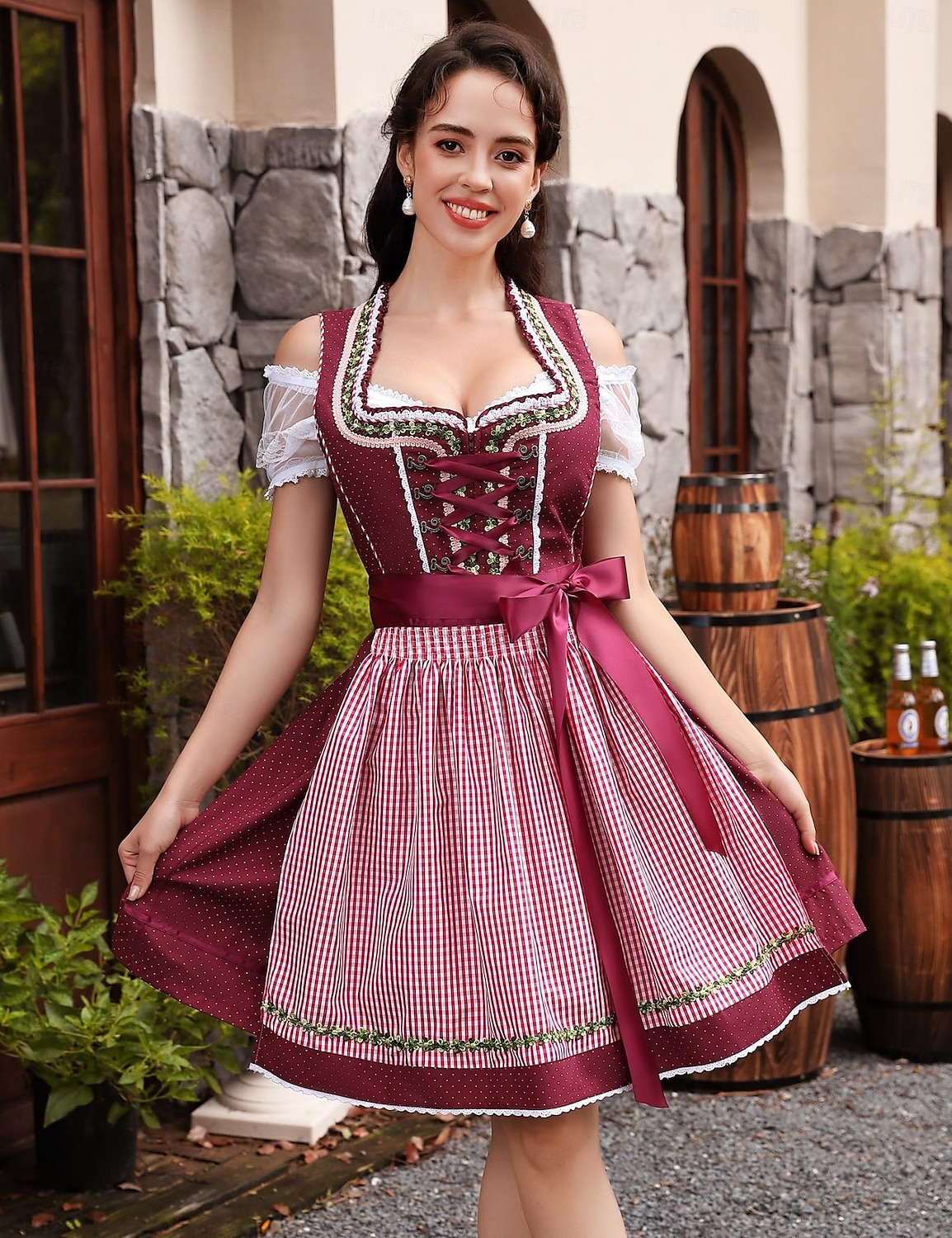Kvinnens Oktoberfest dirndl kjole snøring satengbånd rutete ølfestival forkle tradisjonell kjole Oktoberfest 2025 - $73.99 –P1