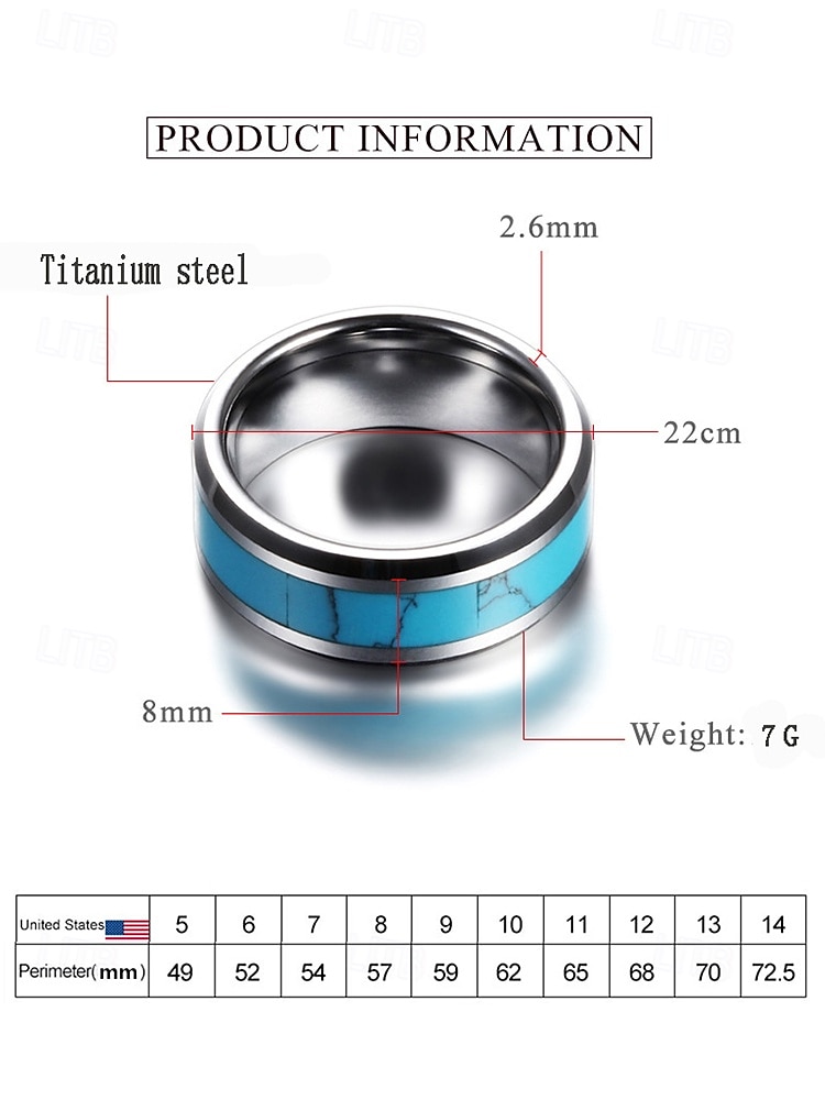 Herenring van roestvrij staal met blauwe turquoise inleg, gepolijste comfort fit band, westerse stijl sieraden voor dagelijks gebruik, bruiloften of als cadeau 2026 - $11.99 –P7