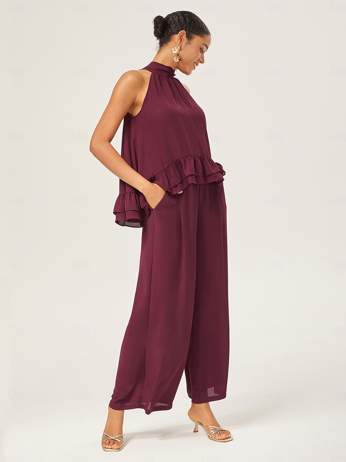 Per donna Da donna All'americana Tinta unita Borgogna Volant Senza Maniche Elegante Quotidiano All'americana Estate del 2025 a $52.99 –P8