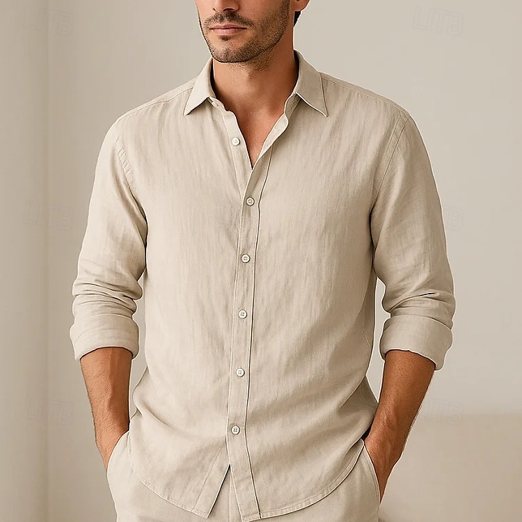 Men's Shirt Linen Shirt Summer Shirt Beach Wear Button Up Shirt Plain Vacation Daily Black White Pink Blue Long Sleeve Collar Summer Spring Clothing Apparel Plain 2025 - $22.99 –P1