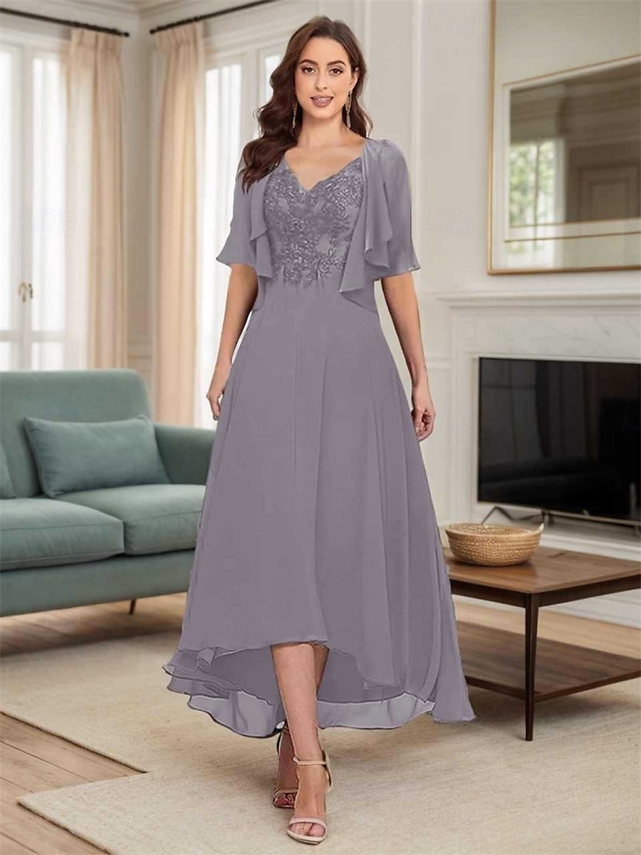 Ligne A Robe de Mère de Mariée  Élégant Simple Col en V Asymétrique Polyester Demi Manches avec Couleur Unie 2025 de 2025 ? $129.99 –P1