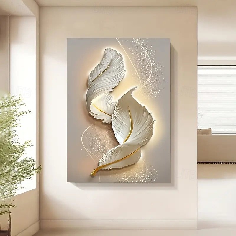 elegante große rahmenlose Leinwandkunst – ruhige weiße Federn mit goldenen Akzenten, moderne abstrakte Wanddekoration, Raumdekor für Wohnzimmer und Schlafzimmer 2025 - $10.49 –P5
