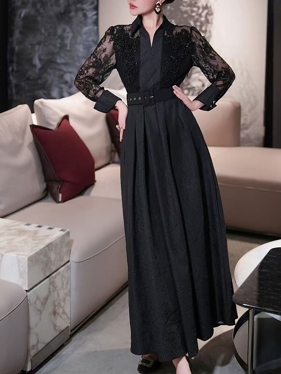 A-Linie Brautmutter Kleid Eleganter Hemdkragen Knöchellang Polyester Langarm mit Spitze Gurt  Band 2025 - $139.99 –P3