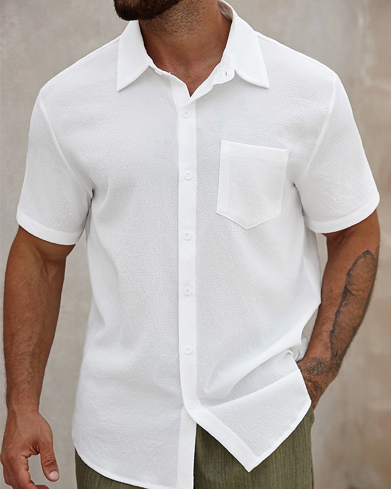 Men's Shirt Summer Shirt Casual Shirt Beach Shirt Button Up Shirt White Short Sleeve Plain Lapel Vacation Hawaiian Clothing Apparel Polyester Fashion Casual Comfortable 2025 - $22.99 –P1
