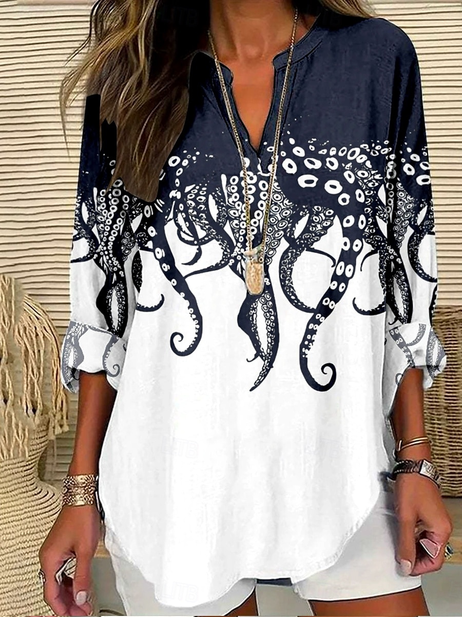Dame Bluse Grafisk Dyr Dragonfly Bohem Årgang Tropisk Langermet V-hals Vanlige topper Daglig Ferie Strand Klær Trykt mønster Navyblå Dusty Blue lysegrå Beige Sommer Vår 2025 - $19.99 –P4