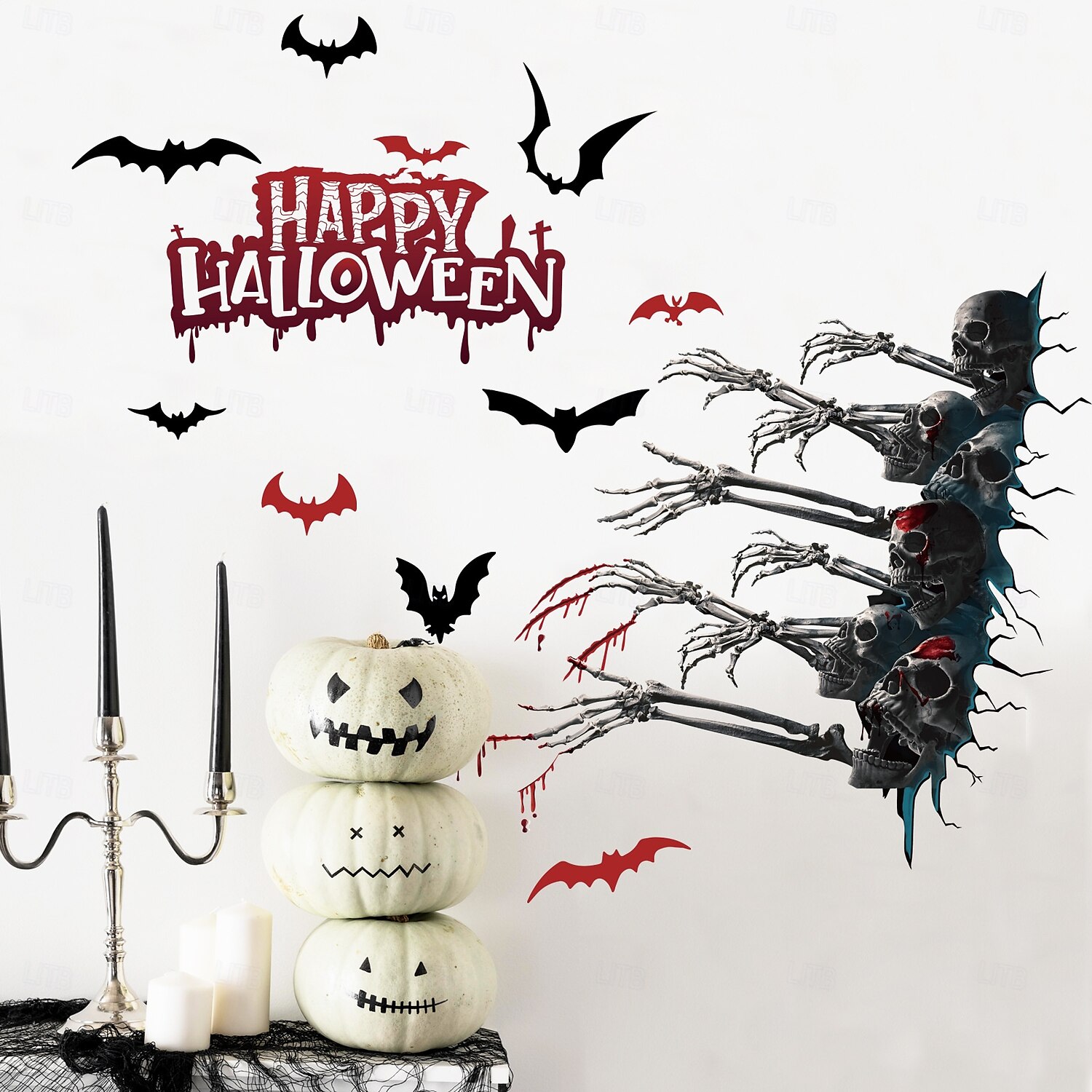 Adesivo da parete di Halloween con design spettrale di mani, teschi e pipistrelli, decorazione murale autoadesiva per soggiorno e feste di Natale del 2025 a $6.49 –P3