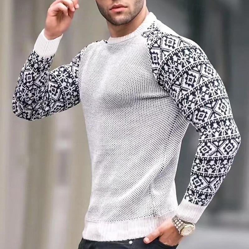 Herren Pullover Strickpullover Waffel Stricken Farbblock Rundhalsausschnitt Elegant Vintage Formell Heim Bekleidung Bischofsärmel Herbst Winter Schwarz Weiß S M L 2025 - $25.99 –P1