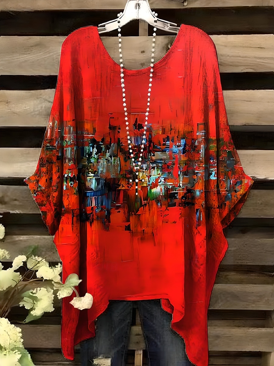 Women's Blouse Graphic Leopard Geometric Elegant Vintage Daily Short Sleeve Batwing Sleeve Crew Neck Regular Tops Daily Holiday Vacation Wear Red Blue Orange Khaki Summer Spring 2025 - $22.99 –P3