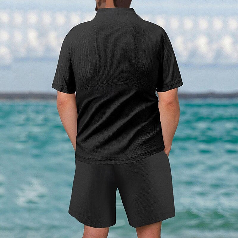 Men's Waffle Shirt T-shirt Suits 2 Pieces Outfits Tee & Shorts Short Sleeve Quarter Zip Summer Plain Fashion Casual 2 Piece Vacation Daily Wear Going out Black khaki Gray Top Tee for Men 2025 - $38.99 –P10