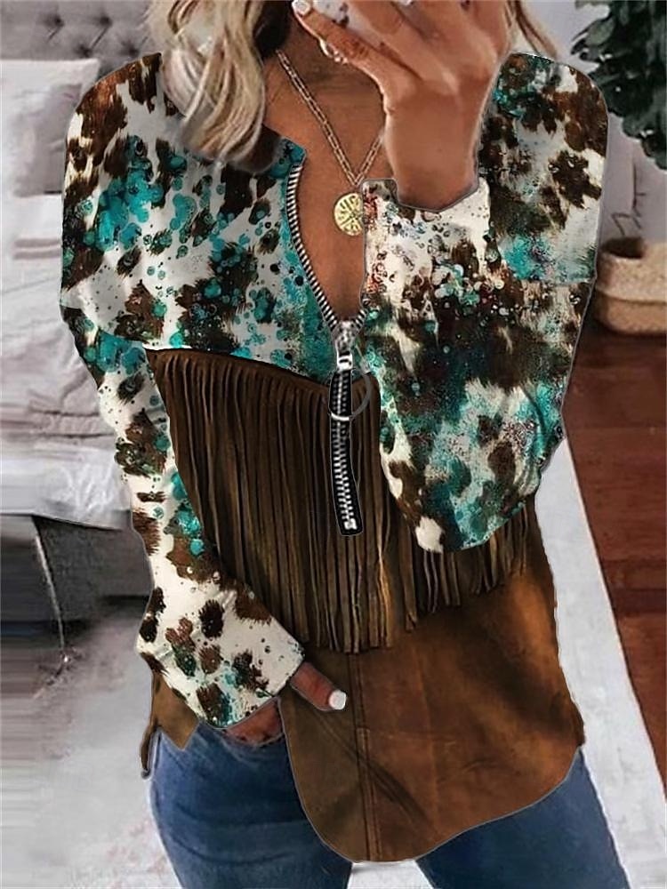 Dame Boho skjorte Bluse Batikkfarget Trykt mønster Daglig Stilfull Langermet Crew-hals Vanlige topper Daglig Ut på byen Trykt mønster Quarter Zip Lysebrun Blå Himmelblå Brun Vår Høst 2025 - $19.49 –P5