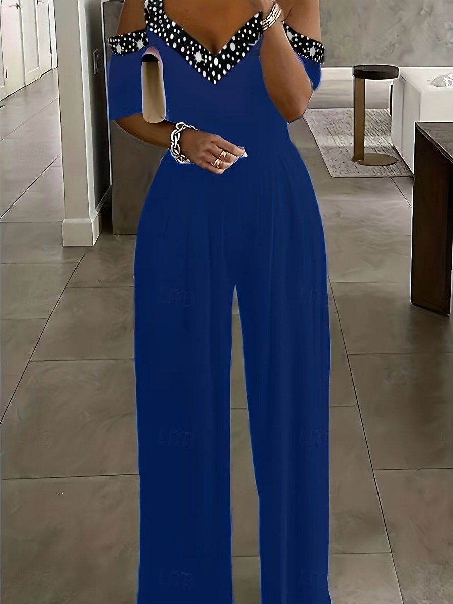 Women's Normal Jumpsuit Elegant Geometric Short Sleeve Wide Leg V Neck Patchwork High Waist Party Work Regular Fit Black Wine Blue Summer 2026 - $28.99 –P8