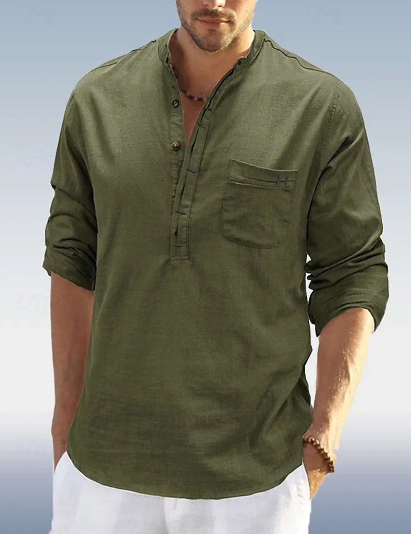 Per uomo Camicia Camicia di lino Camicia con colletto alla coreana Camicia popover Camicia Estiva Abbigliamento da spiaggia Semplice Vacanza Quotidiano Nero Bianco Blu marino Verde Manica Lunga Henley del 2025 a $22.99 –P6
