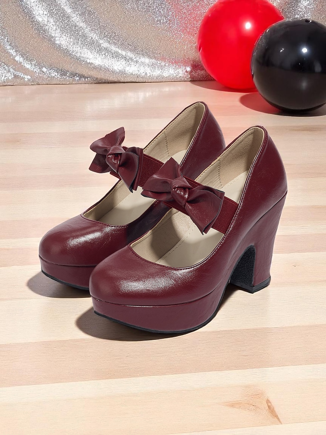 Escarpins Mary Jane bordeaux à plateforme et nœuds pour femme – Chaussures rétro à talons hauts épais des années 1950 pour fêtes, cosplay et tenues d'inspiration vintage de 2025 ? $46.99 –P2