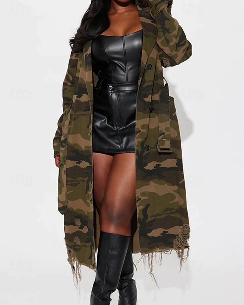 Damen Trenchcoat Bequem Knöpfe Tasche Modern Streetstyle Tarnung Outdoor Ausgehen Einreihig Lang Umlegekragen Normale Passform Langarm Oberbekleidung Hellgrün Dunkelgrün Herbst Winter 2025 - $46.99 –P2