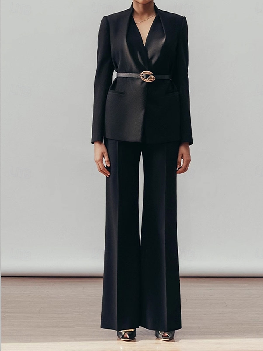 Tvådelad Byxdress Brudens Mor Kragefri Plisserad Blazer Set V-Nacke Långa Ärmar Golvlängd Byxor 2025 - $169.99 –P8